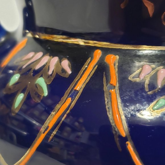 Vintage Cobalt Blue Hand Painted Double Handled Vase Japan - Picture 6 of 7